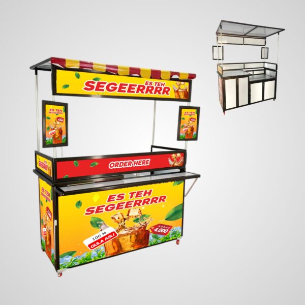 [B19] Booth Portable / Gerobak Lipat ( Tulang Hitam ) + Meja Tingkat Kompor + Atap + Pintu + Meja Depan + Menu + Full Skat